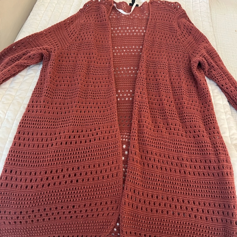 Torrid Brick Red Pointelle Long Open Front Cardigan